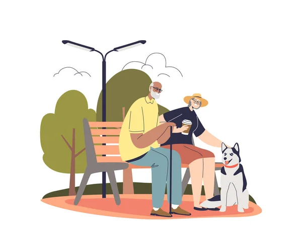 Old couple in park sit on bench with dog. Senior man and woman spend time outdoors walking happy pet — Stock vektor