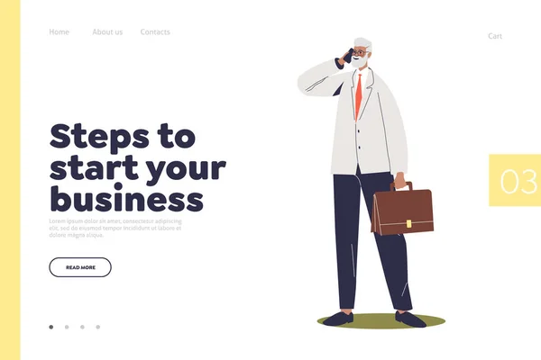 Steps to start business concept of landing page with senior businessman holding smartphone — ストックベクタ