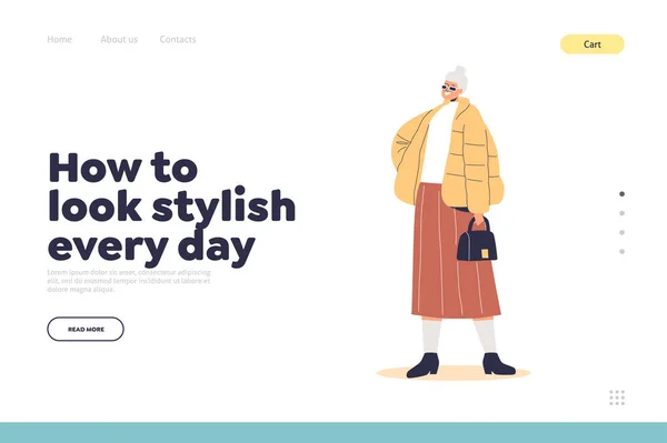 Kijk stijlvol elke dag concept van landing page met hipster senior dame met modieuze handtas — Stockvector