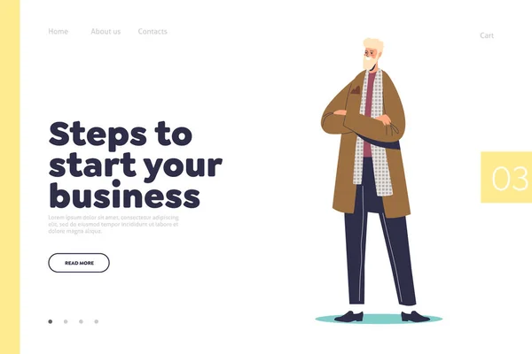 Steps to start business concept of landing page with successful businessman stand with folded hands — Stockový vektor