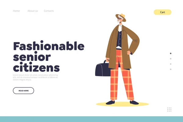 时尚的老年公民登陆页面的概念- -头戴礼帽、头戴风衣的时髦嬉皮士 — 图库矢量图片