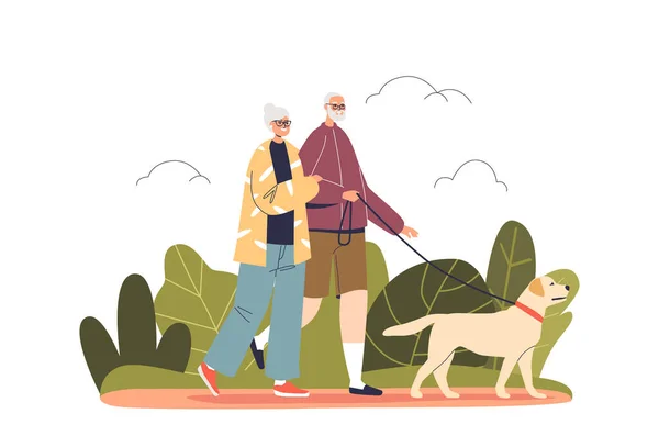 Happy elderly couple walking dog in park. Joyful smiling senior man and woman outdoors with pet — Vector de stock