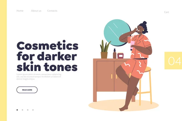 Cosmetics for darker skin tones concept of landing page with young woman applying tonic lotion — Stock vektor
