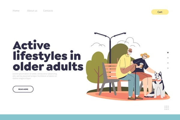 Active lifestyle for older adults concept of landing page with old couple in park with dog — ストックベクタ