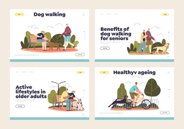 Elderly people walk dogs set of landing pages with senior men and women with pets outdoors — Stock Vector