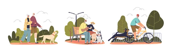 Elderly people walk dogs set of cartoon character senior men and women with pets outdoors in park — стоковый вектор