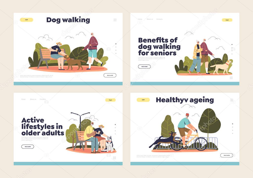 Elderly people walk dogs set of landing pages with senior men and women with pets outdoors