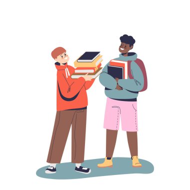 Okulda okumak için kitap ve ders kitapları tutan iki farklı öğrenci. Neşeli okul çocukları birlikte