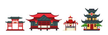 Chinese temples and houses in traditional asian style. Korean religious buildings with towers