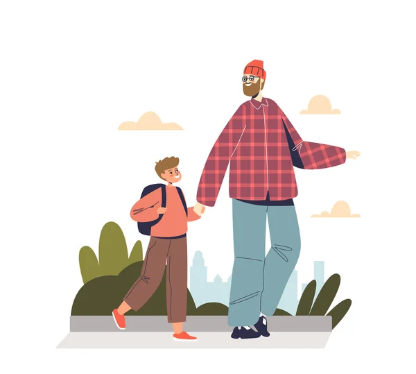 Otec bere chlapce do školy. Šťastný táta chůze s malým žákem dítě drží batoh — Stockový vektor