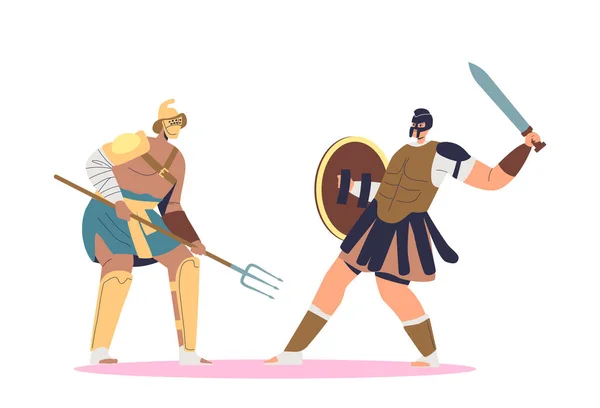 Gladiateur se bat avec barbare sur l'arène. Deux guerriers armés sur le champ de bataille. Attaque de soldats spartiates — Image vectorielle