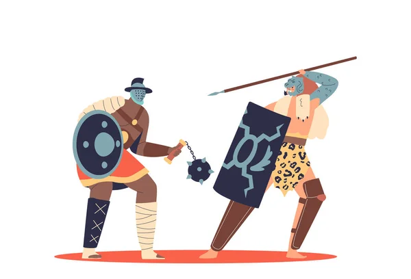 Gladiatori romani che combattono. Antico campo di battaglia con guerrieri barbari in lotta. Eroe spartano greco — Vettoriale Stock