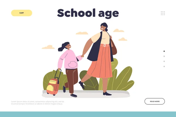 School age concept of landing page with mother taking kid girl to school class — Vetor de Stock