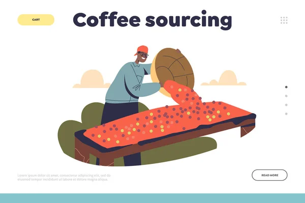 Concepto de abastecimiento de café de landing page con el agricultor macho secando granos de café de violación en la granja — Vector de stock