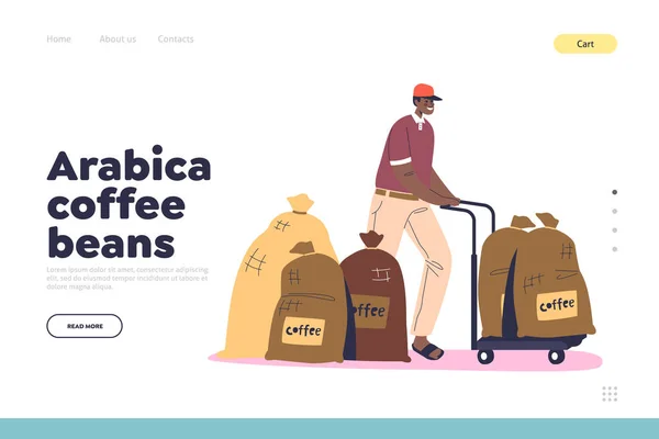 Arabica kávébab koncepció landing page a munkavállaló betöltése vászon zsákok kávéval — Stock Vector