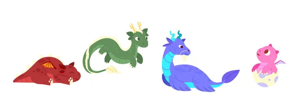 Dragones de hadas. Fantasía criaturas coloridas, animales de hadas mágicas medievales, reptiles míticos dinosaurios — Vector de stock