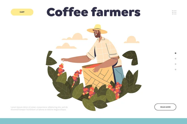 Caffè agricoltori concetto di pagina di destinazione con lavoratore agricolo raccogliendo chicchi di caffè colza da albero — Vettoriale Stock