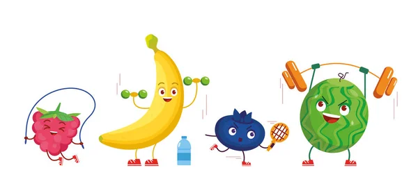 Frutas de dibujos animados haciendo ejercicios, entrenamiento. Conjunto de frambuesa activa, plátano, arándanos y sandía — Archivo Imágenes Vectoriales