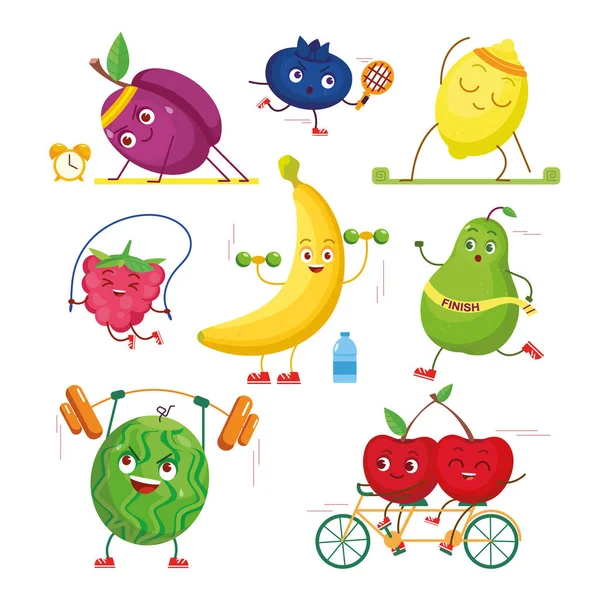 Καρτούν φρούτα με παιδιάστικο χαμόγελο πρόσωπο κάνει ασκήσεις, την κατάρτιση και την άσκηση γυμναστικής — Διανυσματικό Αρχείο