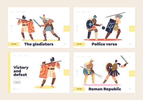 Ancient gladiator heroes fighting barbarians. Roman warriors protecting armed with sword and shield — Vector de stock