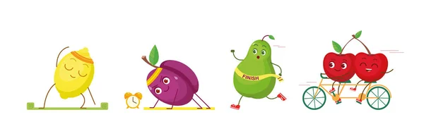 Frutas de dibujos animados haciendo ejercicios, entrenamiento de fitness. Conjunto de cereza activa, limón, ciruela y pera — Archivo Imágenes Vectoriales