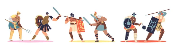 Set of cartoon gladiator fighting with barbarian. Ancient roman spartan warrior fight on swords — Archivo Imágenes Vectoriales