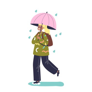 Tatlı kız yağmurlu havada okula şemsiye altında yürür. Şemsiyeli mutlu çocuk yağmurdan güvende.