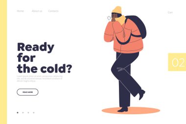 Soğuk konsept iniş sayfasına hazır. Dondurucu giysiler içinde titreyen genç bir kadın.