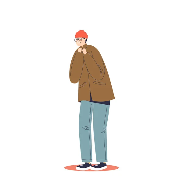 Нещасний заморожений молодий чоловік у пальто і капелюсі страждає від холодної погоди на відкритому повітрі — стоковий вектор
