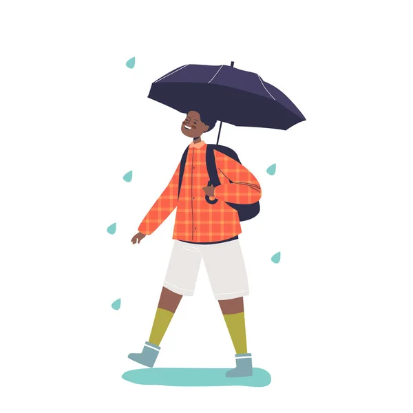 Lindo chico afroamericano caminando bajo paraguas en tiempo lluvioso — Vector de stock
