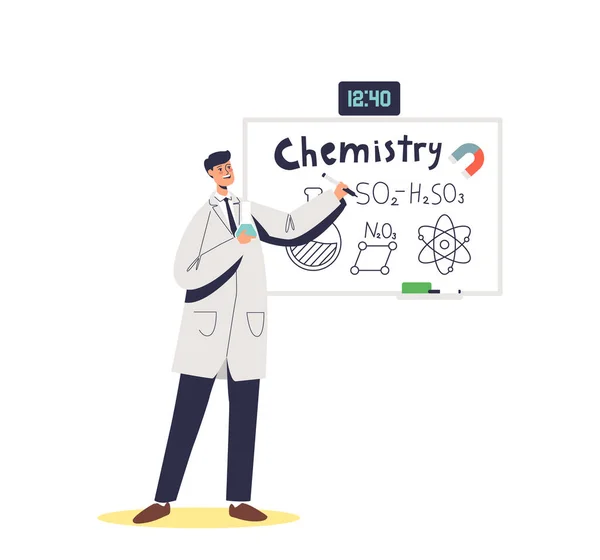 Chemistry teacher at blackboard explaining science lesson. School pedagogue man at chalkboard — Vettoriale Stock