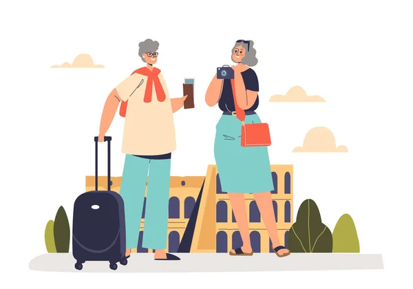 Happy senior women friends travel. Older female with tickets and suitcase happy go on trip vacation — Stockvektor