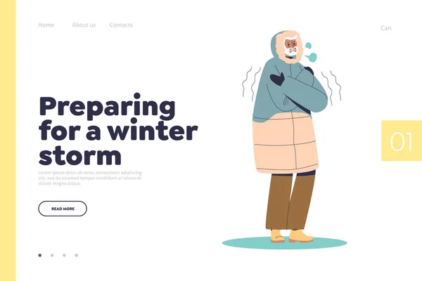 Prepare for winter storm concept of landing page with man in warm parka coat trembling from cold — Archivo Imágenes Vectoriales