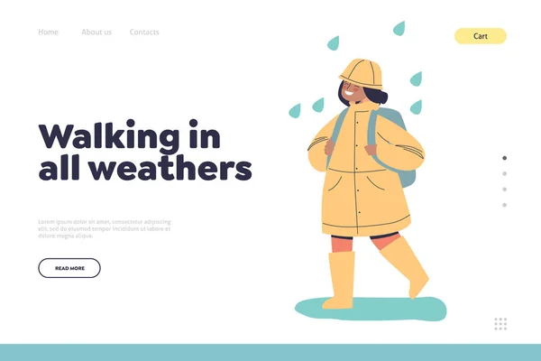 Walking in all weathers concept of landing page with child in raincoat protected from rain weather — Image vectorielle