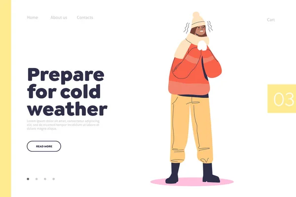 Prepare for cold weather concept of landing page with freezing young woman in warm winter clothes —  Vetores de Stock