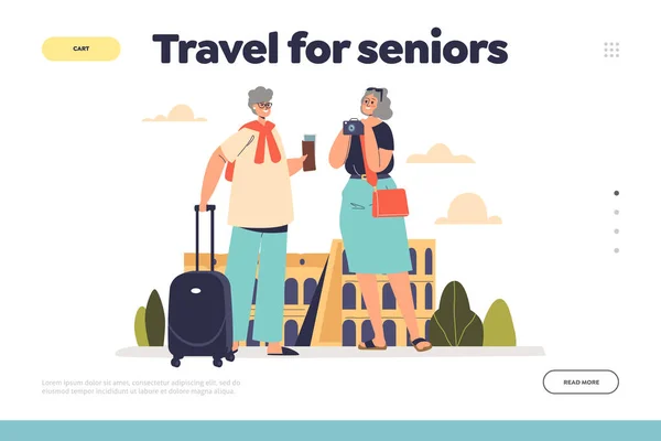 Viaggio per il concetto senior di pagina di destinazione con felici amiche anziane in viaggio di vacanza — Vettoriale Stock