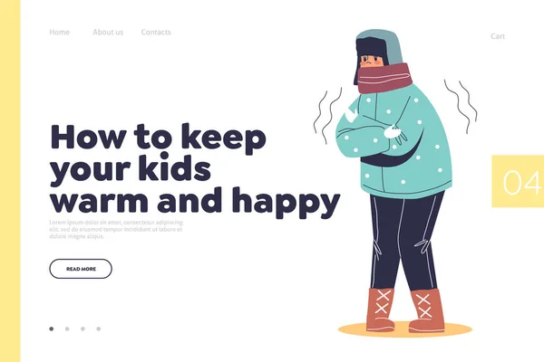 Keep kids warm and happy concept of landing page with freezing child in warm clothes, scarf and hat — Διανυσματικό Αρχείο