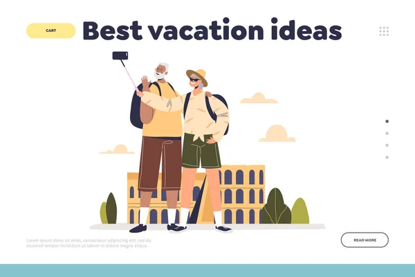 Miglior idea vacanza concetto di pagina di destinazione con anziano coppia turista fare selfie viaggio in vacanza — Vettoriale Stock