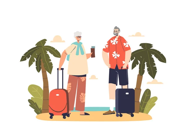 Senior couple travel on seaside vacation. Older man and woman together on exotic tropical sea resort — Image vectorielle