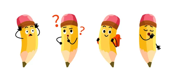 Ensemble de crayons jaunes dessin animé personnages scolaires avec emoji. Crayons enfants frustrés et fatigués — Image vectorielle