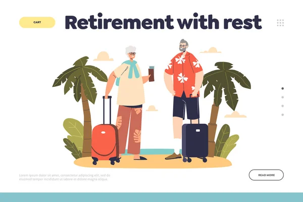 Retirement with rest concept of landing page with senior couple travel on seaside vacation — Vetor de Stock