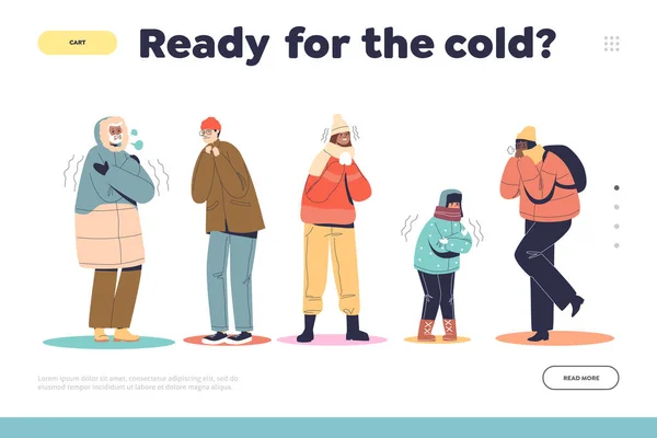 Ready for cold concept of landing page with people wearing warm wither clothes and freezing —  Vetores de Stock