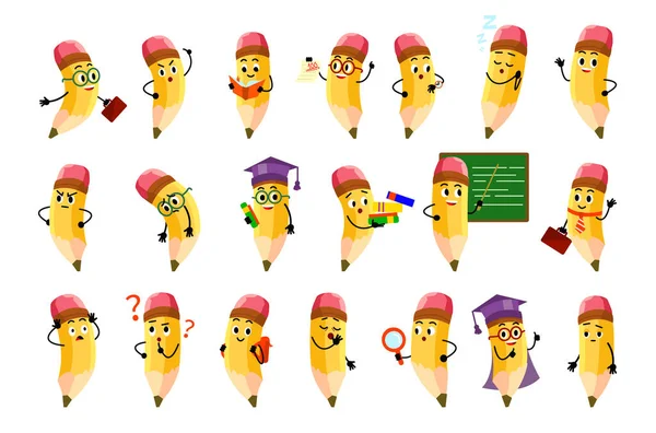 Conjunto de dibujos animados lápices amarillos escolares personajes con caras sonrisa diferentes emoji y borrador — Archivo Imágenes Vectoriales
