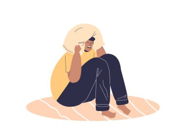 Yorgun kadın uykusuzluk depresyonundan muzdarip. Stresli kadın başlığı ile yastık