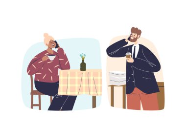 Kadın ve erkek telefon görüşmesi yaparlar. Erkek ve kadın cep telefonuyla konuşuyor.