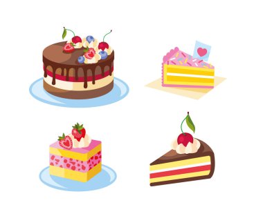 Doğum günü pastası seti. Kremalı, çikolatalı ve meyveli renkli şekerleme.