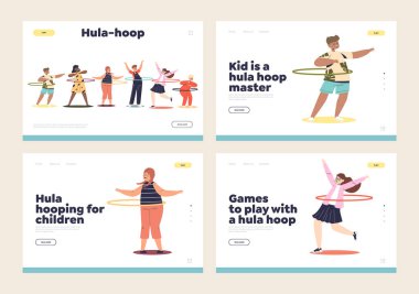 Hula hoop oynayan çocuklarla dolu bir iniş sayfası. Neşeli çocuklar yuvarlanıyor hulahoop ring