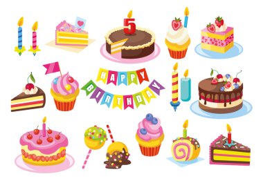 Kutlama pastaları seti. Doğum günü kutlaması menüsü için renkli lezzetli tatlılar. Kekler ve şekerler patlıyor.