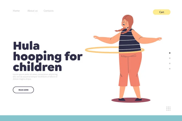 Hula hooping for children concept of landing page with happy school girl τροχαίο hulahoop στη μέση — Διανυσματικό Αρχείο