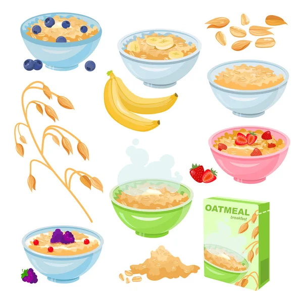 Oatmeal for breakfast set. Cooked wheat or cornflakes cereal with berries for morning nutrition food — Stock Vector